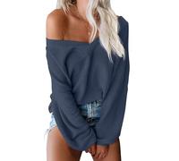 ReachMe Maglia da donna oversize con spalle scoperte a maniche lunghe a nido d'ape, Blu scuro, XL