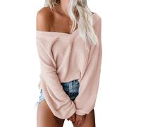 ReachMe Maglia da donna oversize con spalle scoperte a maniche lunghe, a nido d'ape, con scollo a V, Pesca, S