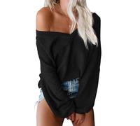 ReachMe Maglia da donna oversize con spalle scoperte a maniche lunghe a nido d'ape, nero, L