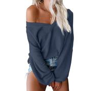 ReachMe - Maglione da donna a maniche lunghe con spalle scoperte, top sovradimensionato con spalla a goccia in maglia waffle, Blu scuro, XL