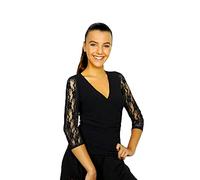 Ready4Dance Top Donna per Ballo da Sala, Danza tandard, Latino e Tango - Scollo a Incrocio e Maniche in Pizzo 3/4, Nero XL