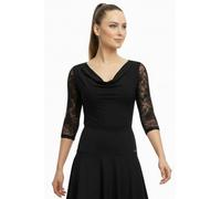 Ready4Dance Top Donna per Danza Standard e Ballo da Sala con Collo ad Anello e Maniche in Pizzo - Elegante, Elasticizzato, Made in Italy - Taglie S a XXL, Nero XL