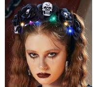 Reaky Fasce luminose per Halloween, con brillantini a LED, a forma di fiore, dorate, per il giorno dei morti, per Halloween, accessori per capelli da donna (nero, taglia unica)