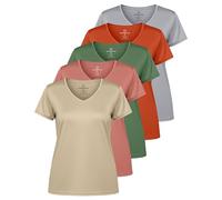 Real Essentials - Confezione da 5 magliette da donna Magliette sportive da donna a maniche corte con scollo a V, vestibilità asciutta, traspirante, top da yoga (disponibile in taglie forti), XL