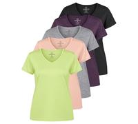 Real Essentials - Confezione da 5 Magliette Sportive da Donna a Maniche Corte con Scollo a V, vestibilità asciutta, Traspirante, Top da Yoga (Disponibile in Taglie Forti), M