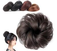 Real Hair Bun Wig, Messy Bun Hair Piece, Multi-Color Ponytail Extension with Elastic Rubber Band, Hairpieces Accessories for Women (Brown black,Curly hair bun)