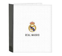 REAL MADRID 1. ATTREZZATURA 24/25 - Folder a 4 anelli, ideale per bambini di tutte le età, comodo e versatile, qualità e resistenza, 27 x 6 x 33 cm, bianco/grigio, bianco/grigio, Estándar,