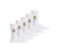 Real Madrid Calzini unisex, confezione da 5 pezzi, con logo ricamato in misto cotone, tinta unita, bianco, 43-46