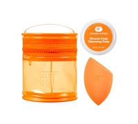 Real Techniques Miracle Blend + Cleanse Set di 3 pezzi per trucchi per fondotinta e sapone solido per sponge di pulizia profonda, inclusi tote, senza cruelty free e senza lattice