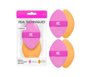 Real Techniques Spugna in polvere 2 in 1 Miracle, bifacciale, a misura intera, per miscelare il trucco, con fascia elastica reversibile,2 pezzi