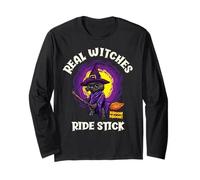 Real Witches Ride Stick Divertente Gatto Nero Halloween Maglia a Manica