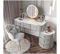 Real Wood Smart Vanity Desk with 6 Drawers Luxurious Rock Slab Table Top Touch Screen HD Mirror (3 Brightness Levels) Assembled Vanity Set with Grey Chair 31.5in Vanity Table