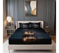 Realismo Barche A Vela Cielo Stellato E Mare Lenzuolo Con Angoli Stampati, Letto Matrimoniale 160 x 200 + 30 cm Per Una Tasca Profonda 30 Cm - Resistente Allo Scolorimento (Blu Scuro, 2 Federe)