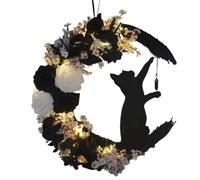 Realistic Halloween Wreath Decor - Scary Black Cat Moon Decoration