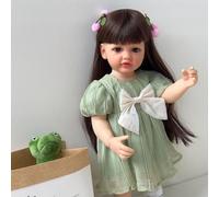 Realistica Bambola In Vinile 55 cm /22 Pollici Reborn Silicone Femmina Vestito Verde Con Fiocco Bambole Reborn Capelli Lunghi Scuri Bambole Reborn Femmina Per Bambini Dai 3 Anni