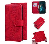 Realme 5 5S 5i 6i custodia protettiva SaturCASE Cool Tiger goffratura PU cuoio Flip doppio magnete portafoglio stand slot per carte di credito copertura per Realme 5 5S 5i 6i (rosso)