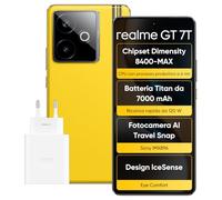 realme GT 7T Smartphone, 5G Dual SIM, 12GB di RAM, 256GB di ROM, display AMOLED da 6,8", chipset Dimensity 8400-MAX, batteria Titan da 7000 mAh, fotocamera AI Travel Snap, Giallo (Adattatore incluso)