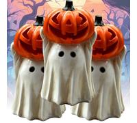 REALOKMAN Spooky Ghost with Pumpkin Statue, Halloween Ghost Figurine, Cute Display Ornament Tiny Trick or Treat Ghosts Resin for Indoor, Porch, Home and Office Tabletop Decor Supplies