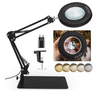 RealPlus 10X Lente Ingrandimento con Luce [Con Base e Clip], Lampada con Lente di Ingrandimento, Braccio Telescopico, 5 Colore, 10 Luminosità, Ideale per Lavori di Precisione, Riparazione, Lettura