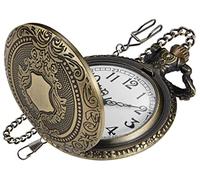 Realpoo Bronze Shield Orologio da tasca da uomo, numeri arabi, scala digitale al quarzo, orologio da tasca al quarzo da uomo con catena, marrone, Multi, classico