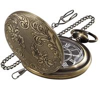 Realpoo Orologio da tasca al quarzo con fiore intagliato su entrambi i lati, movimento al quarzo, orologio da tasca al quarzo con clip a catena per uomo-bronzo, Marrone, classico