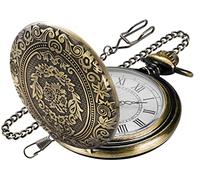 Realpoo Orologio da tasca in bronzo con grande motivo floreale decorativo, bianco, numeri romani, scala al quarzo, orologio da tasca per uomo con catena, Bronzo, classico