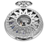 Realpoo Orologio da tasca meccanico automatico a fuoco d'argento, collana elegante orologio da tasca meccanico con pendente da sole traforato per uomo, SWQ-101