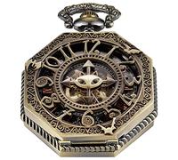 Realpoo Orologio da tasca meccanico con scheletro ottagonale marrone irregolare per uomo, orologio da tasca meccanico con quadrante numeri romani Arbic con catena + scatola, SWQ-105