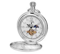 Realpoo Orologio da tasca meccanico da uomo, con cassa singola in argento, con numeri arabi, con scatola regalo e catena per regali per la festa del papà, SWQ-113