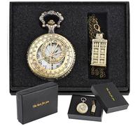 Realpoo Set di orologio da tasca da uomo, design con latitudine e longitudine, quadrante con numeri arabi e collana con toppa, CF-set01, Vintage