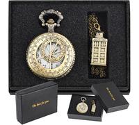 Realpoo Set di orologio da tasca da uomo, design con latitudine e longitudine, quadrante con numeri arabi e collana con toppa, CF-set01, Vintage