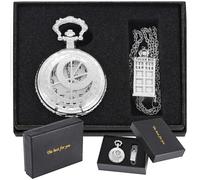 Realpoo Set di orologio da tasca da uomo in argento, design latitudine e longitudine, quadrante con numeri arabi, set con collana con toppa