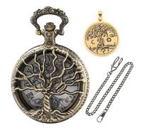 Realpoo Set di orologio da tasca da uomo in bronzo, design con albero scavato, numeri arabi, orologio da tasca con collana con toppa