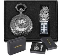 Realpoo Set di orologio da tasca da uomo nero con design a latitudine e longitudine, numeri arabi, quadrante con numeri arabi, set con collana a toppa