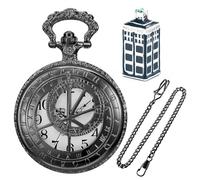 Realpoo Set di orologio da tasca da uomo nero con design a latitudine e longitudine, numeri arabi, quadrante con numeri arabi, set con collana a toppa