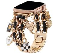 REALSIGN Elegante cinturino compatibile con Apple Watch 38 mm, 40 mm, 41 mm, 42 mm, 44 mm, 45 mm, 49 mm, cinturino di ricambio con ciondoli unici per iWatch serie 8 7 6 5 4 3 2 1 SE, oro + pelle nera,