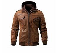RealSkin Giacca Moto Biker Uomo Marrone In Pelle Con Cappuccio Rimovibile
