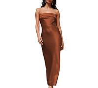 Realtix Abito lungo da donna in raso di seta senza spalline con schiena bassa scavata fuori elegante abiti lunghi senza spalline per ospiti di nozze, Marrone, M