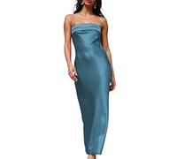 Realtix Abito lungo da donna in raso di seta senza spalline con schiena bassa scavata fuori elegante abiti lunghi senza spalline per ospiti di nozze, Blu scuro, M