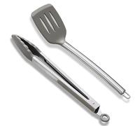 ReaNea Set di spatole e pinze da cucina, tornitore a fessura in silicone con pinza da cucina, manico resistente al calore antiscivolo, con punte in silicone, lavabile in lavastoviglie