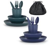ReaNea Utensili da campeggio per 2 con ciotola, piatto, tazza, cucchiaio, forchetta, coltello e borsa per il trasporto, accessori da campeggio in plastica Attrezzatura essenziale per viaggi, picnic