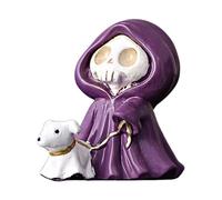 Reaper Figurine - Cute Reaper Walking Dog Statue - 6cm Halloween Accent - Violet Artificial Stone Decor for Shelf Desk TV Cabinet Fireplace, Spooky Figure Gift for Home Entrance Halloween Use