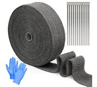 REAQUE 1 rotolo di nastro di scarico in fibra di vetro, 5 cm x 20 m, grigio, con 12 fascette e guanti in acciaio inox, protezione per moto e auto
