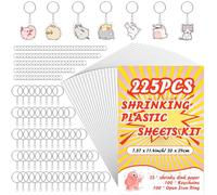REAQUE 225 Pezzi kit di fogli di plastica termoretraibili, Kit include 25 Fogli di Plastica Termoretraibile Trasparente e 100 portachiavi con catenine, per creazioni creative fai da te fatte a mano