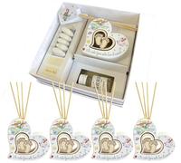 Rebalami.Shop Set 4 Bomboniere diffusore Piccolo Principe cm 8x8 a Forma di Cuore in Marmoresina Completo di Scatola, Essenza, Confetti, Nastro e bigliettino a Tema (4, Cuore)
