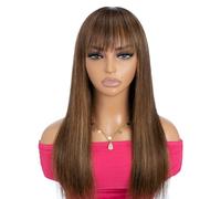 Rebecca Fashion Parrucca liscia marrone biondo sfumato da 45 cm con frangia capelli umani setosa frangia dritta senza colla minimalista 2,75 x 1 parrucca del cuoio capelluto in pizzo per le donne