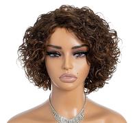 Rebecca Fashion Parrucche corte per capelli umani ricci per donne nere riga laterale carino parrucca a caschetto ricci brasiliani Remy non pizzo parrucche senza colla dall'aspetto naturale Ombre