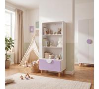 Rebecca Mobili Melia - Libreria per bambini, 3 Ripiani, Cassetto | Bianco e Viola, in MDF e Pino, stile Moderno, da Montare - Misure HxLxP: 143 x 60 x 48 cm - Art. RE7349