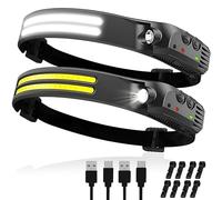 Rechargeable LED Headlamp for 300 Lumens 1200 mAh Battery Camping Running Cycling Hiking - LED Headtorch with Motion Sensor 5 Light Modes - 180° Wide Beam Running Headlamp, Head Torch, 2 Pack