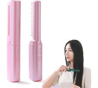 Rechargeable Mini Hair Straightener,2025 New 2in1 Anti-Scald Hair Straightener Brush & Curler,Portable Travel Mini Straightener,Multifunctional Negative Ion HairStraightener Styling Comb (Pink)